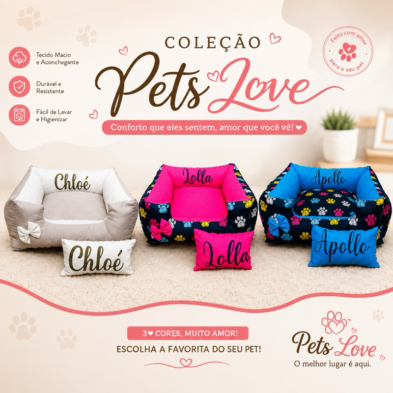 Cama pet rebaixada personalizada com nome + travesseiro