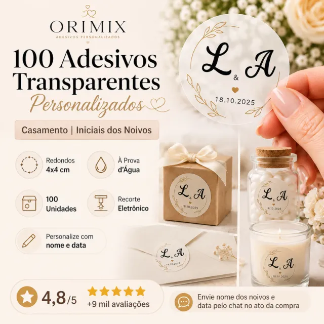 100 adesivos transparentes personalizados — iniciais dos noivos