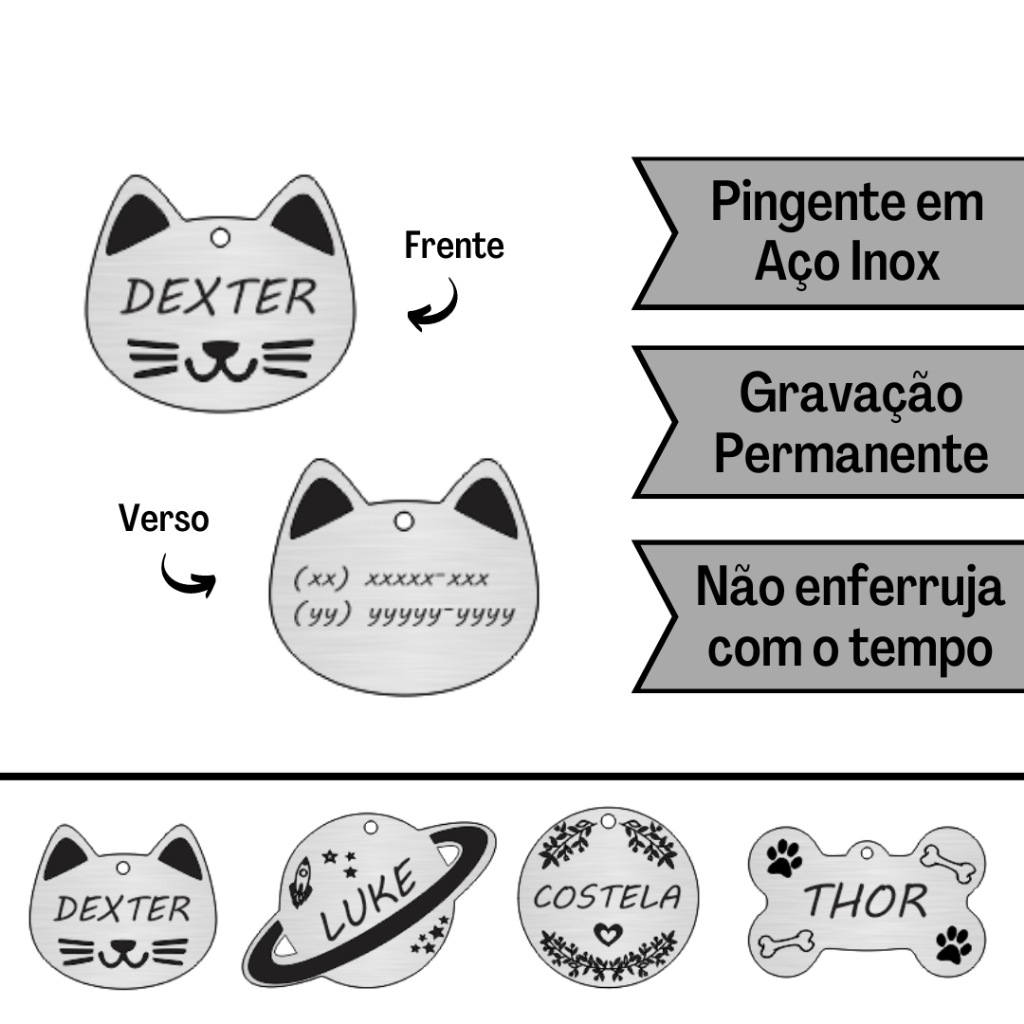Plaquinha de identificação pet — nome e telefone