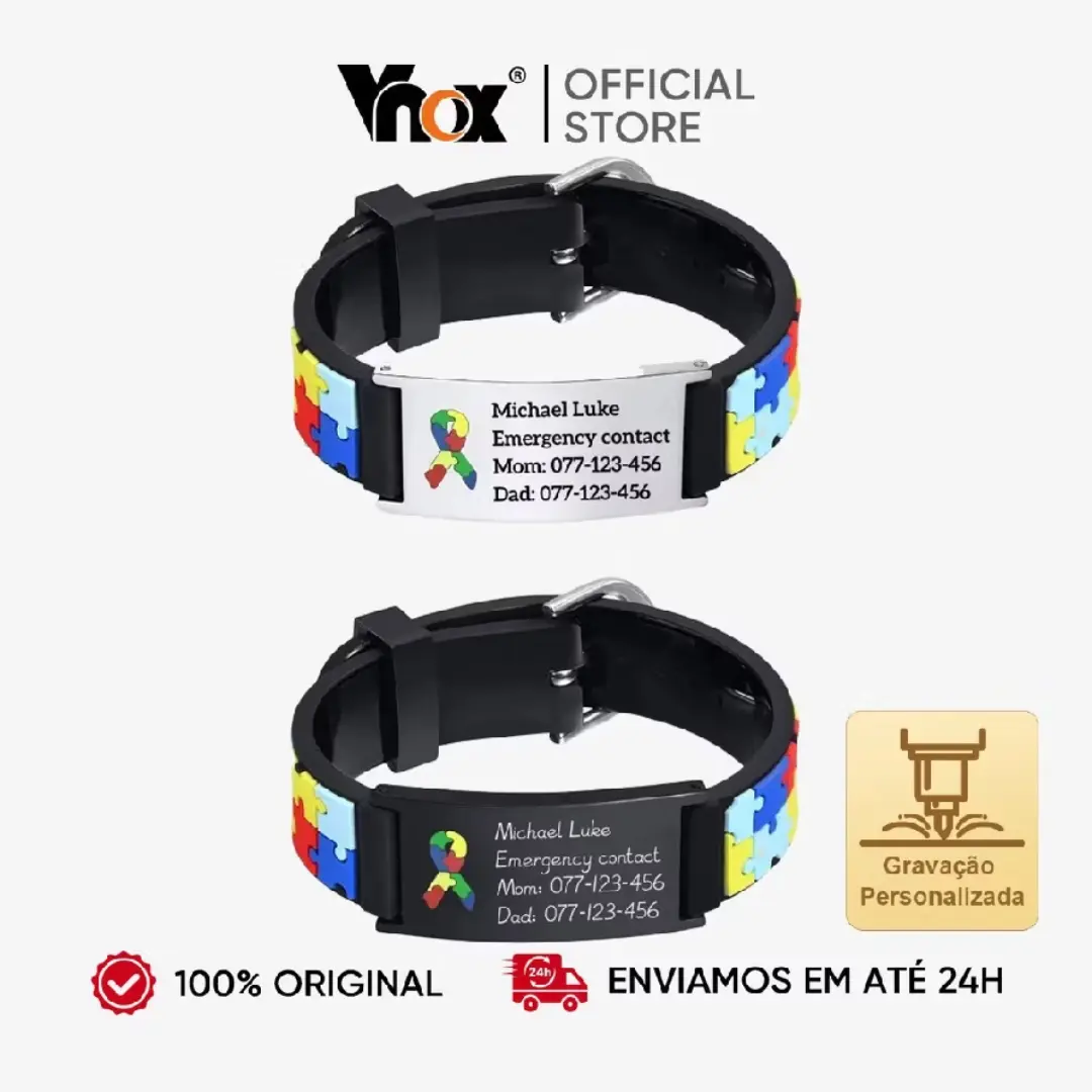 Pulseira infantil autismo puzzle — aço inox com nome — foto 3