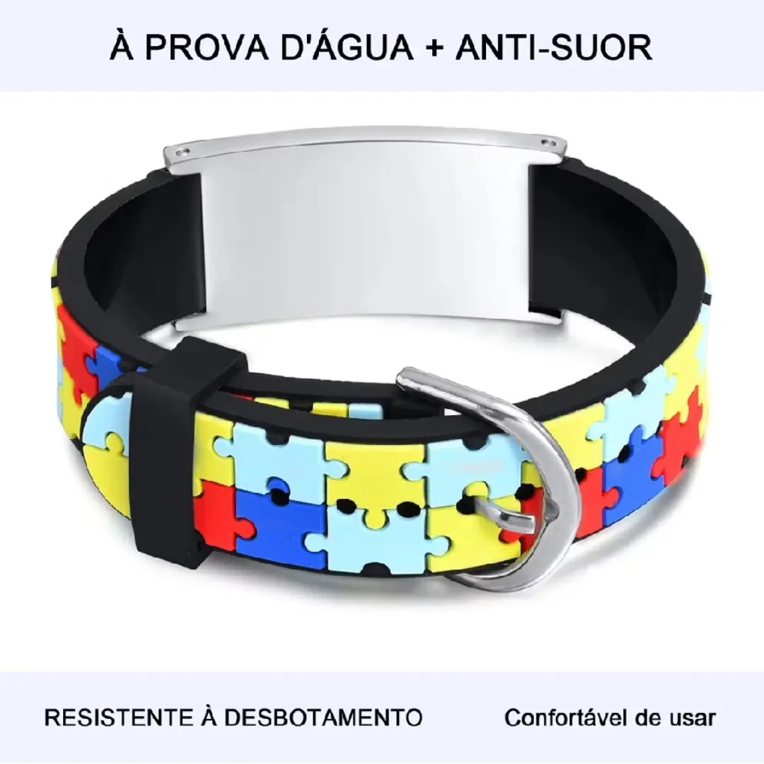 Pulseira infantil autismo puzzle — aço inox com nome — foto 4