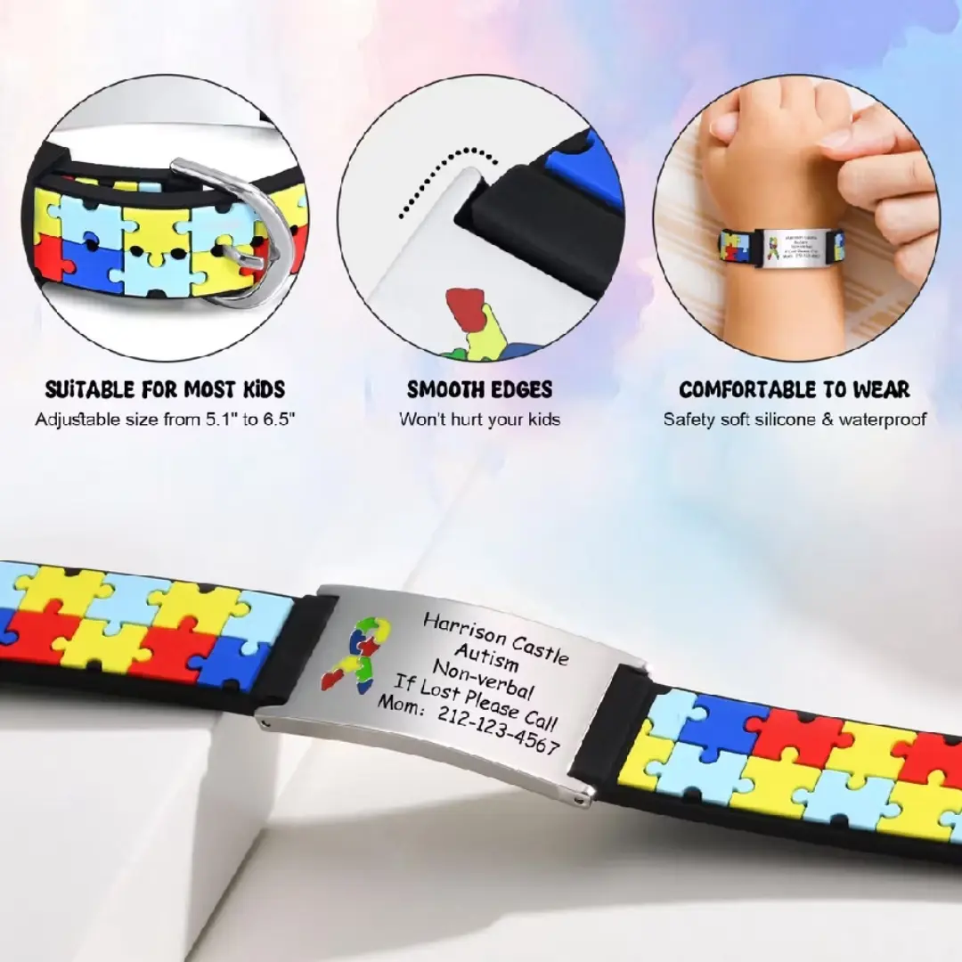 Pulseira infantil autismo puzzle — aço inox com nome — foto 6
