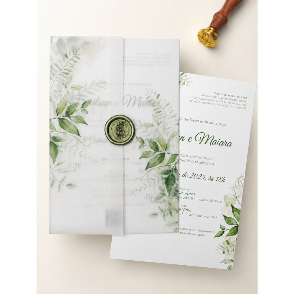 Convite de casamento com papel vegetal e lacre
