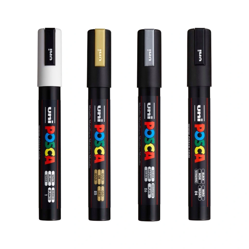 Kit 4 canetas Posca 5M branco, preto, prata e dourado