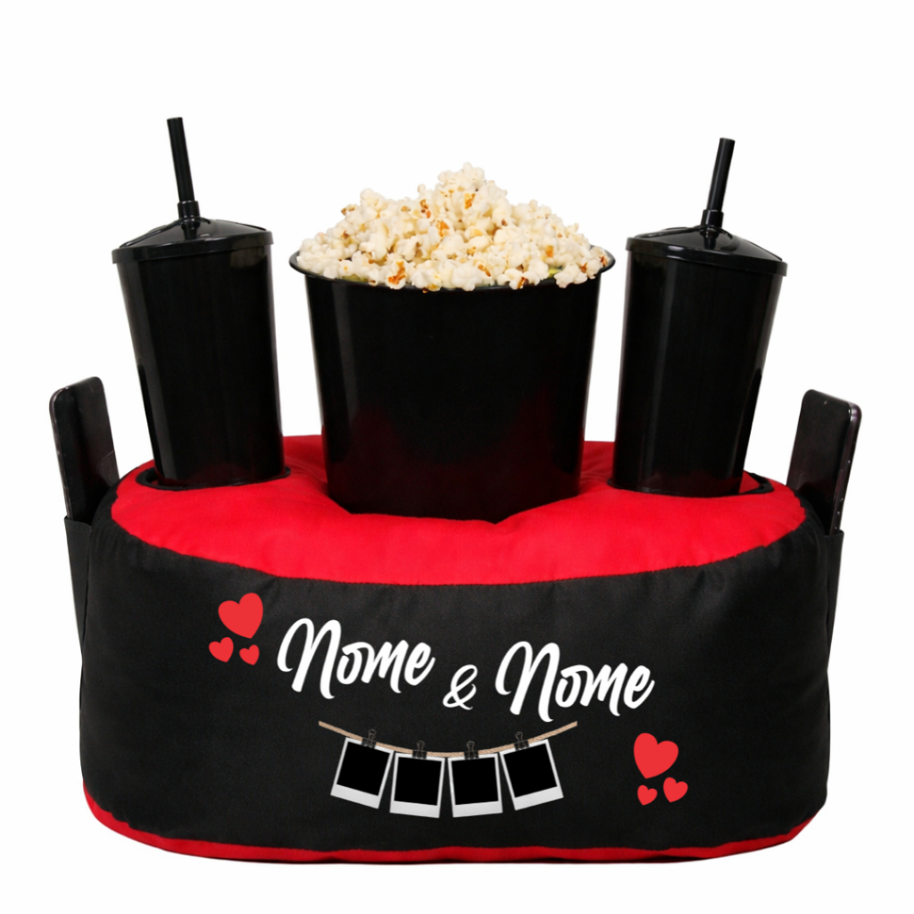 Almofada porta-pipoca casal personalizada + copos e balde