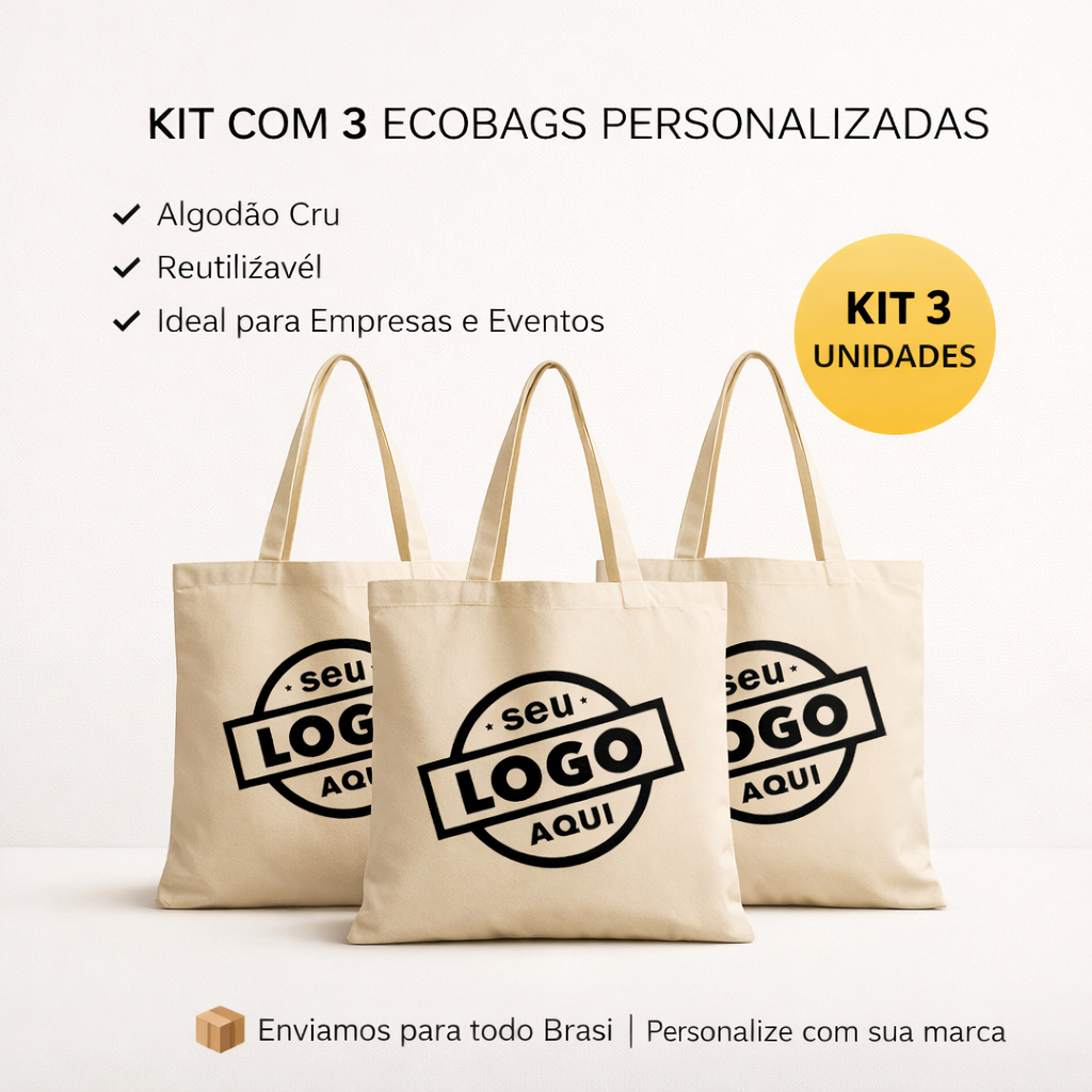Kit 3 ecobags de algodão cru com logo
