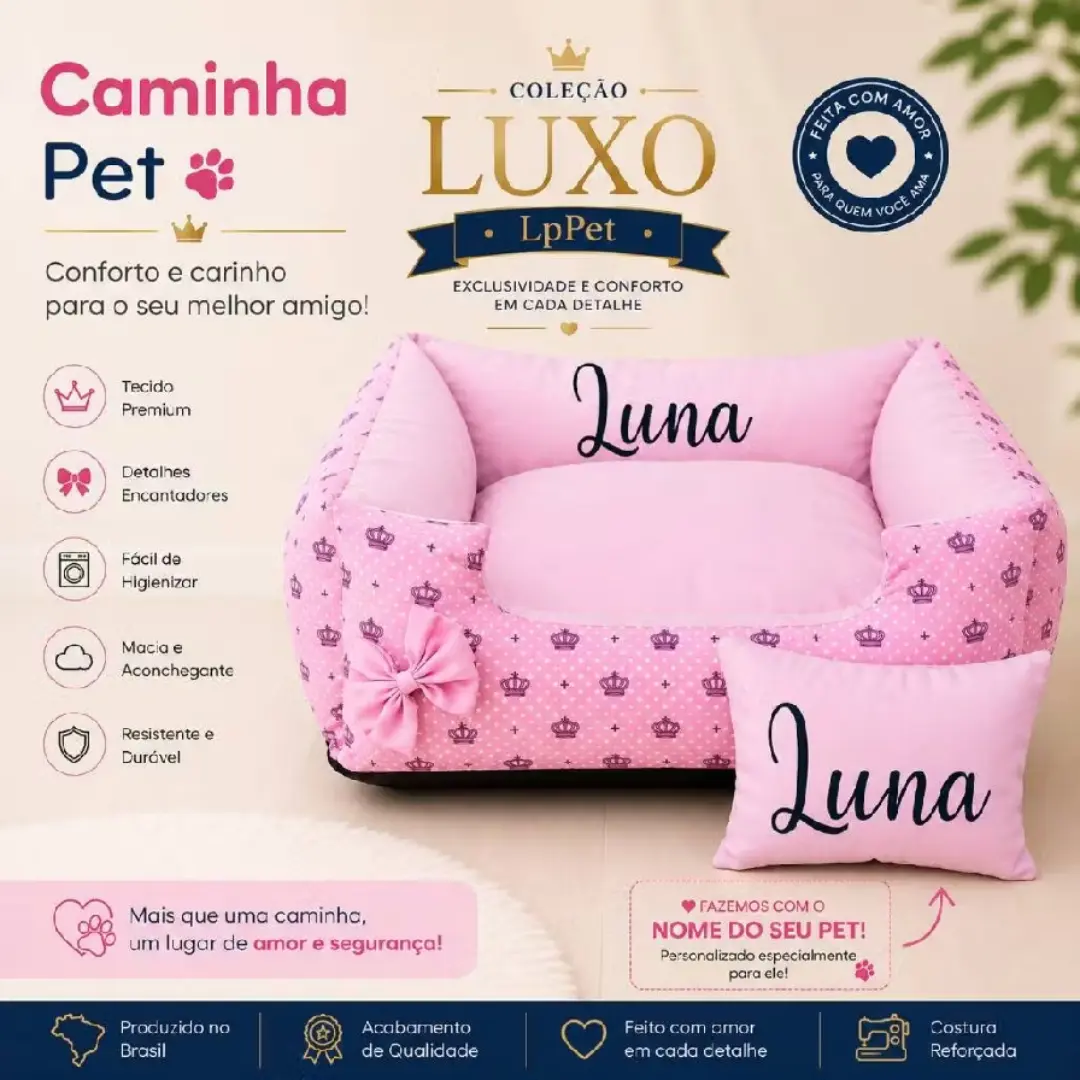 Cama pet luxo personalizada com nome — P ao GG + almofada — foto 4