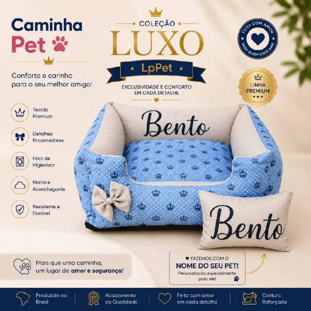 Cama pet luxo personalizada com nome — P ao GG + almofada — foto 9