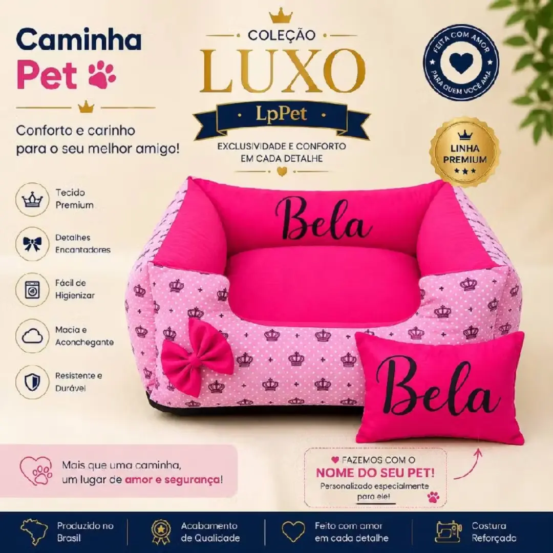 Cama pet luxo personalizada com nome — P ao GG + almofada — foto 10