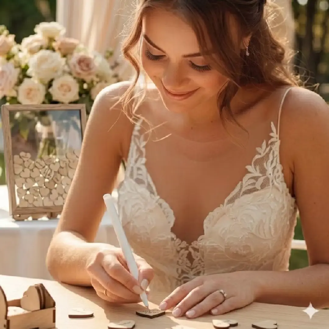 Quadro de assinaturas para casamento com corações e iniciais — foto 9