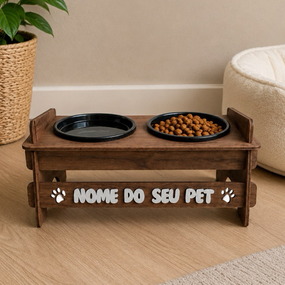 Comedouro pet MDF personalizado + 2 potes — 33×16×15 cm