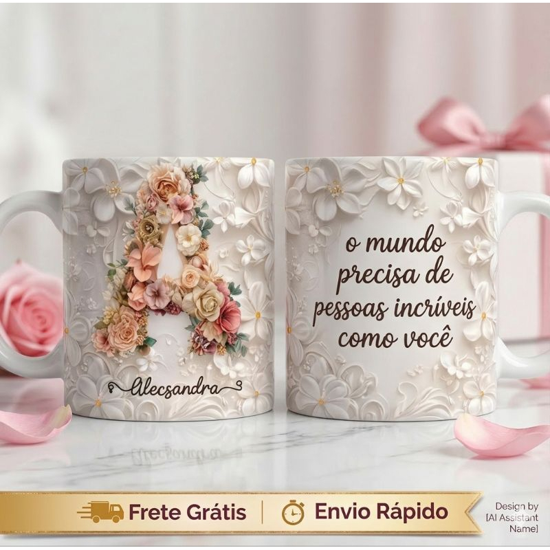 Caneca personalizada nome e inicial floral