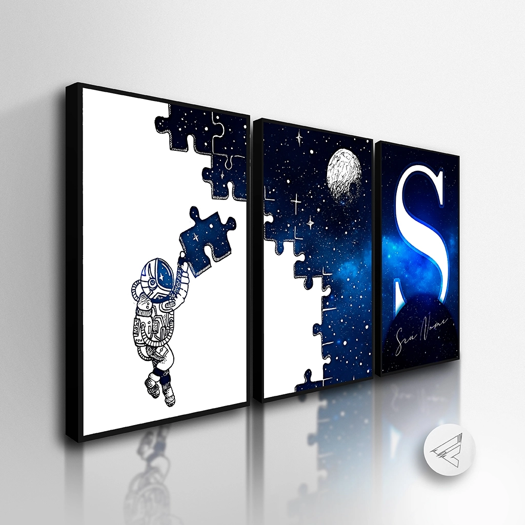 Kit 3 quadros astronauta infantil com nome — 40×60 cm cada
