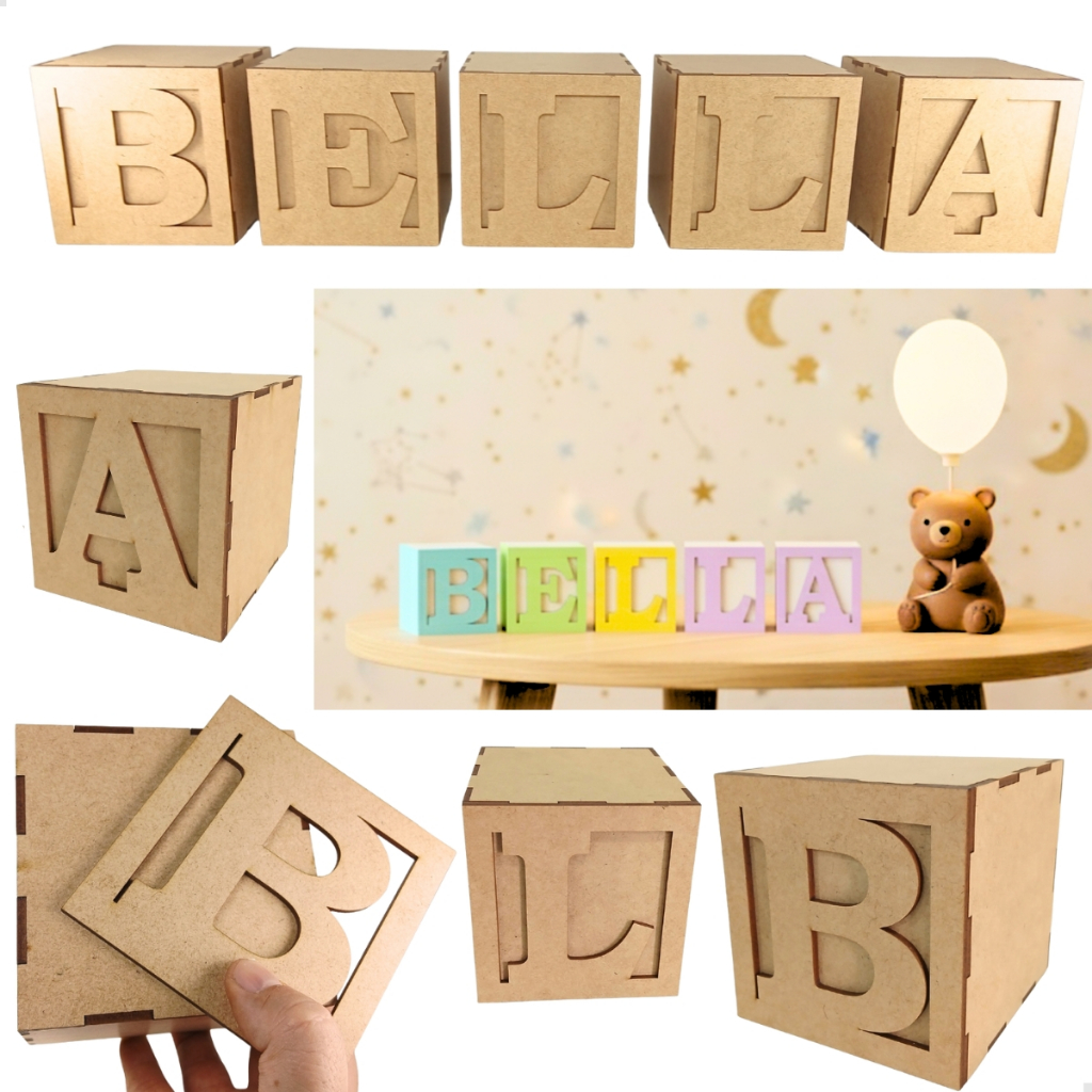 Kit 5 cubos MDF 10 cm com letras personalizadas