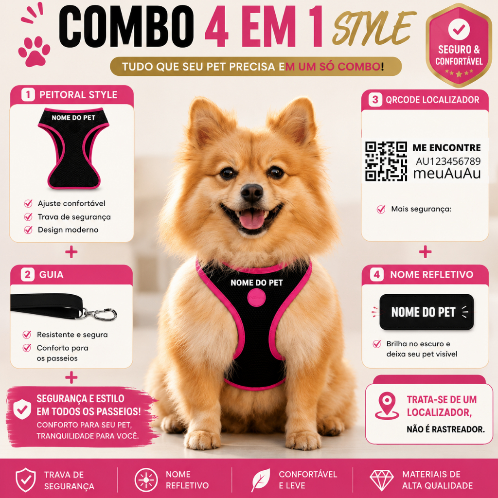 Kit 4 em 1 peitoral pet — guia, localizador e nome