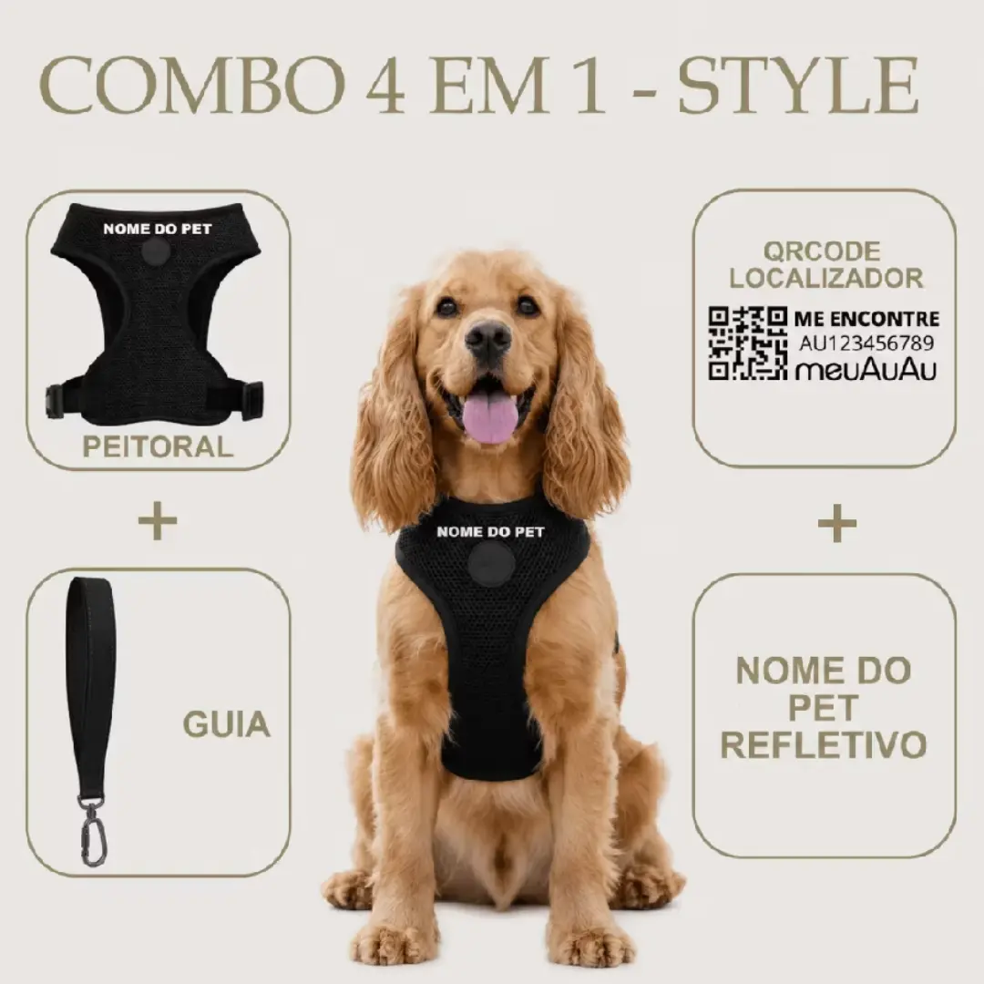 Kit 4 em 1 peitoral pet — guia, localizador e nome — foto 15