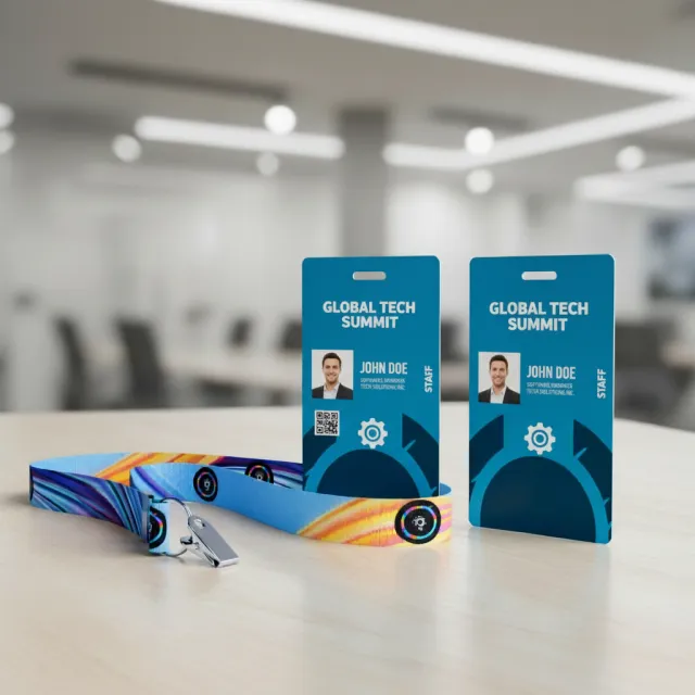 Crachá PVC personalizado com cordão — arte incluída