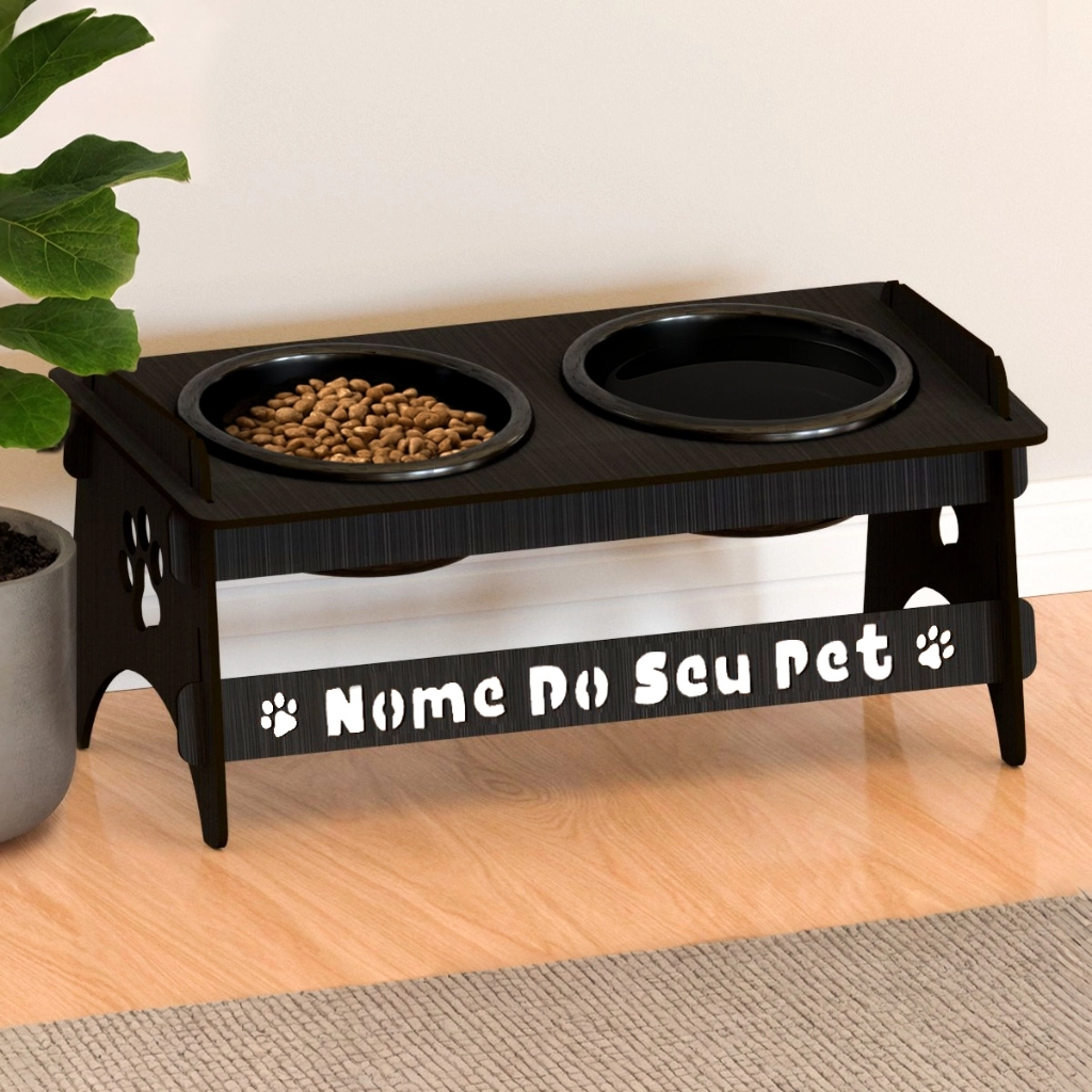 Comedouro pet MDF personalizado + 2 potes — 33×16×15 cm