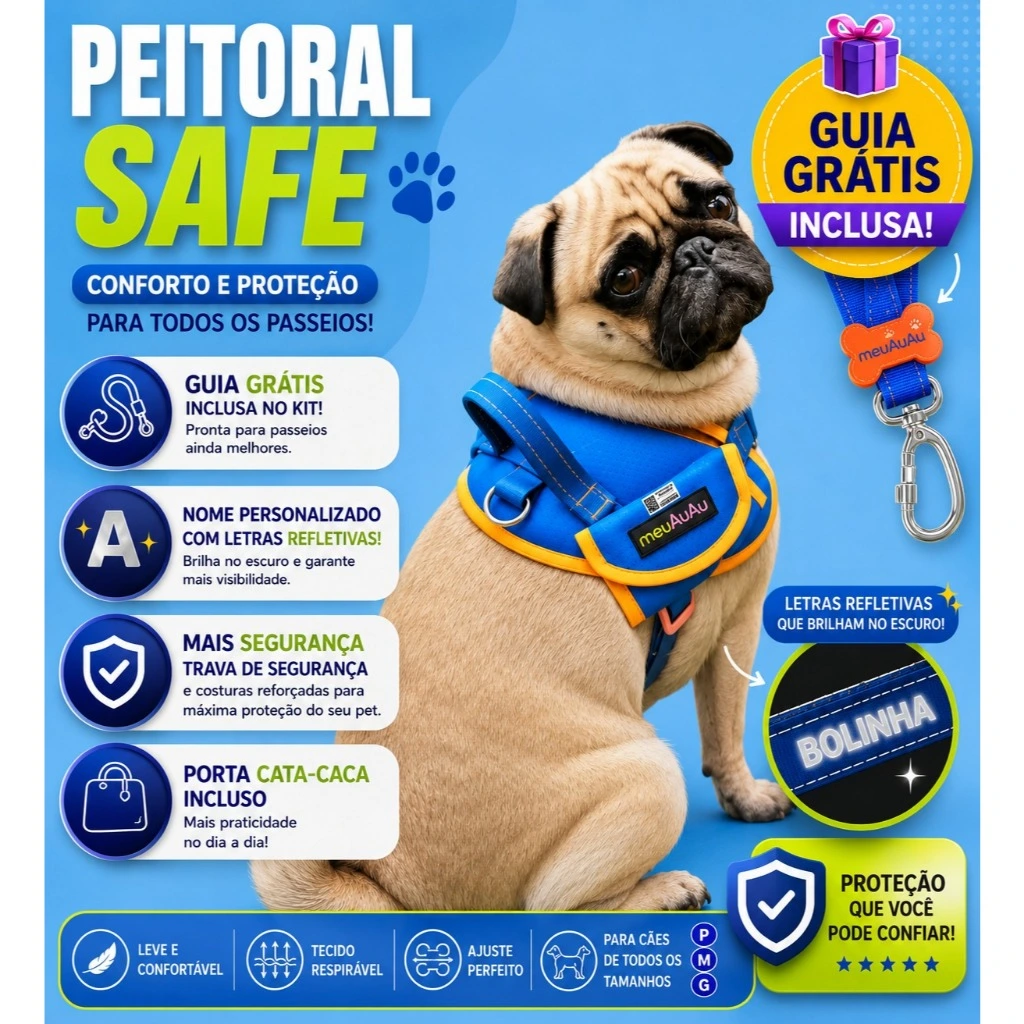 Peitoral pet Safe 4 em 1 — guia, cata-caca e nome