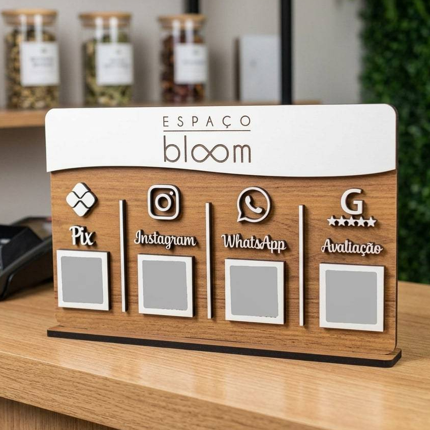 Display de mesa QR Code MDF — PIX e canais