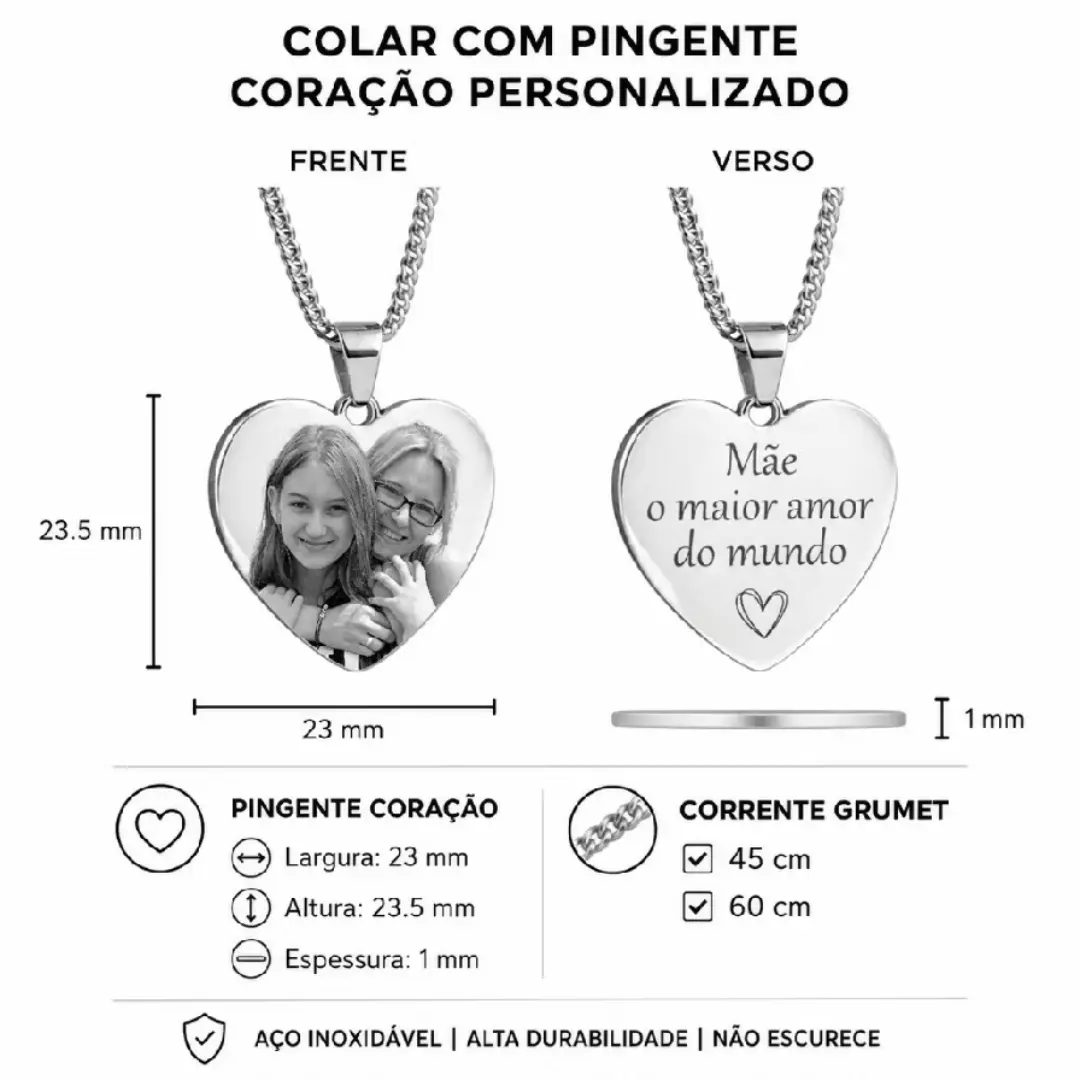Colar pingente coração aço inox — personalizado — foto 6