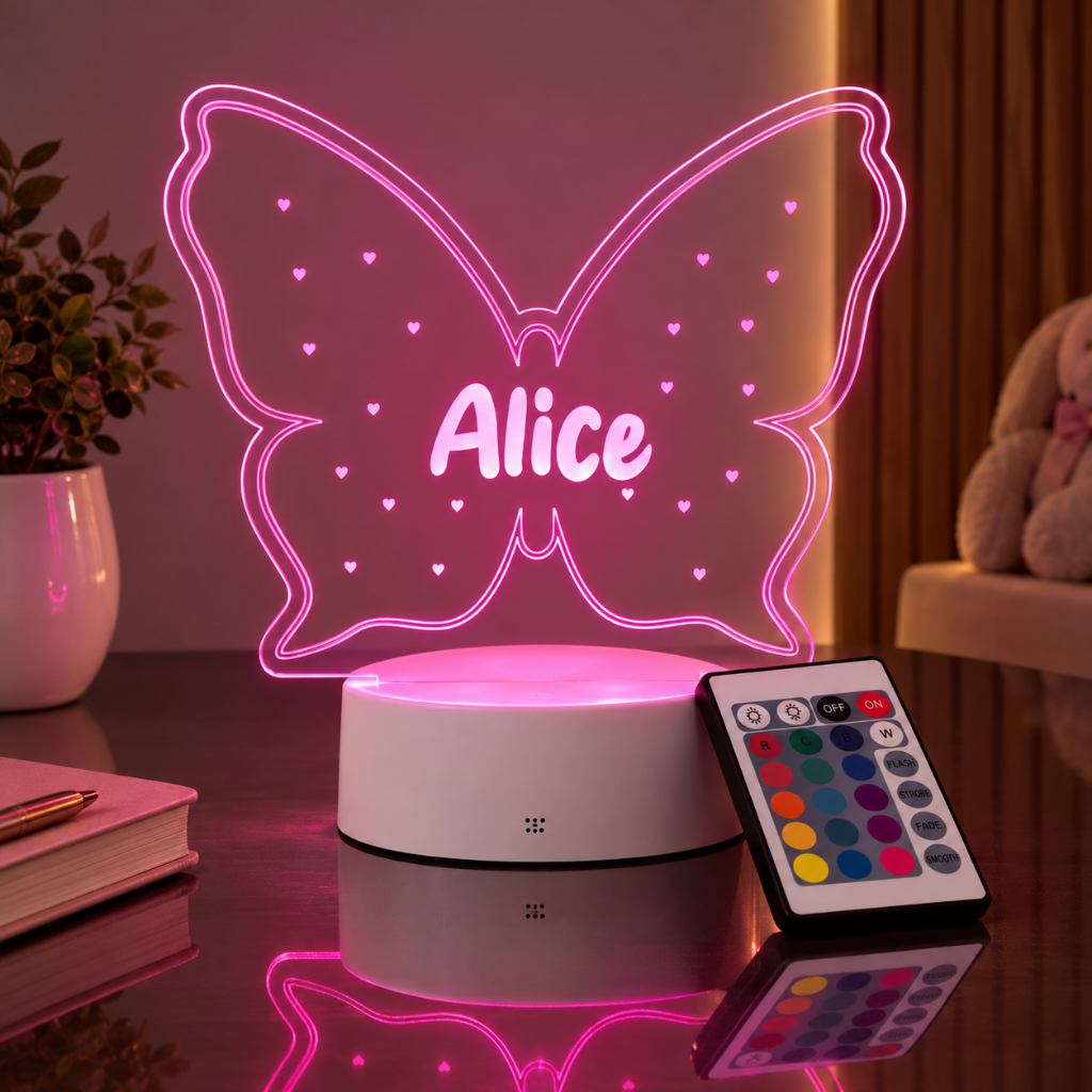 Luminária borboleta LED 16 cores — nome a laser