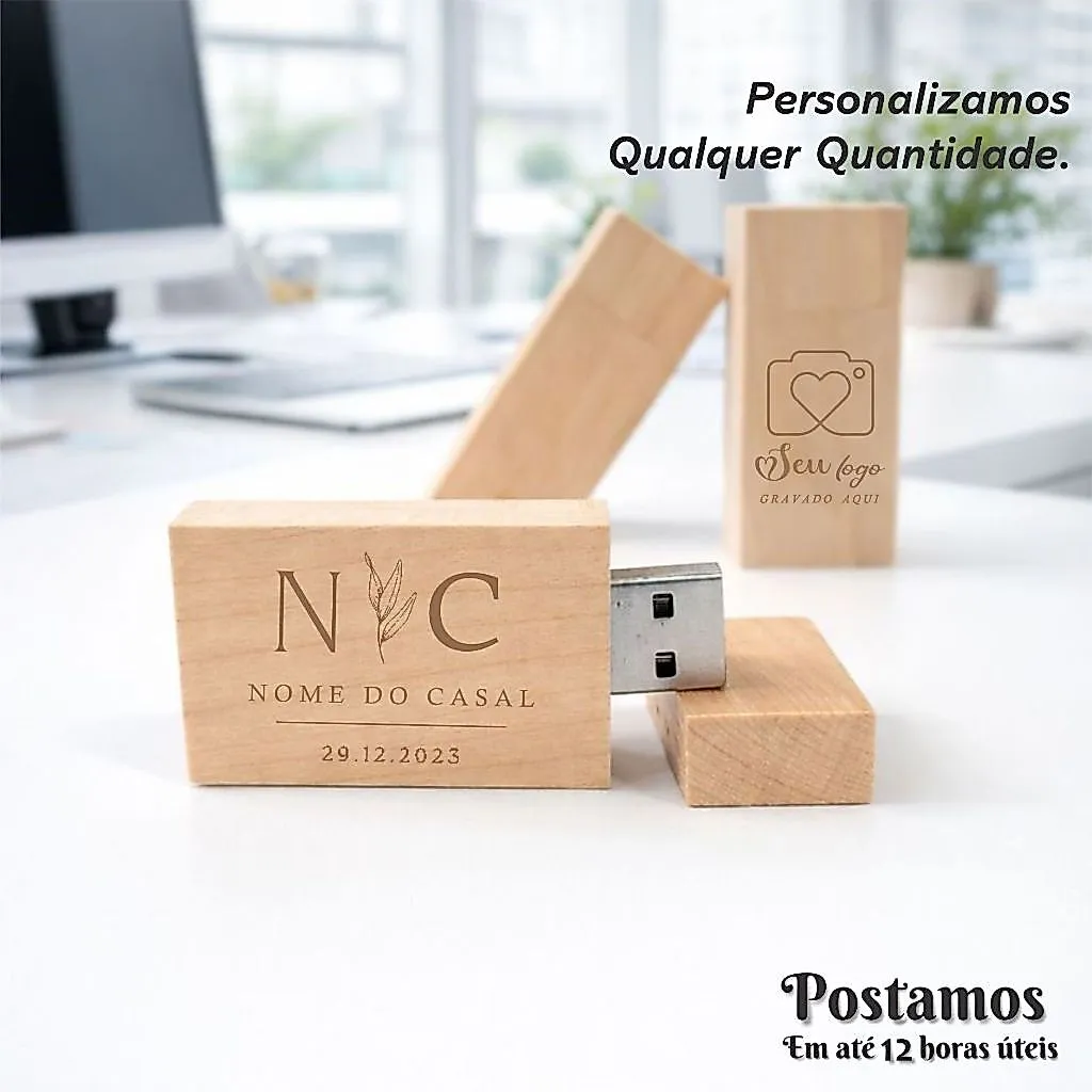 Pendrive madeira 4–64 GB — laser ou impressão colorida