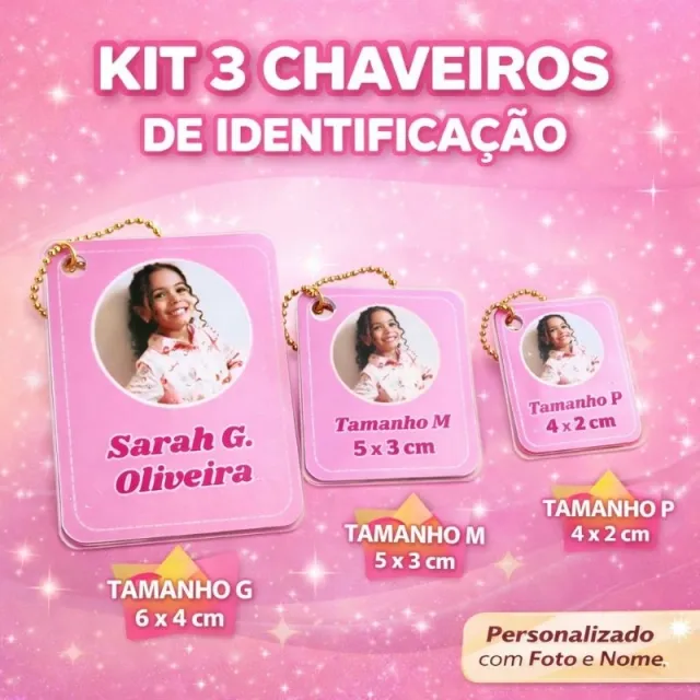 Kit 3 chaveiros identificação escolar — foto e nome