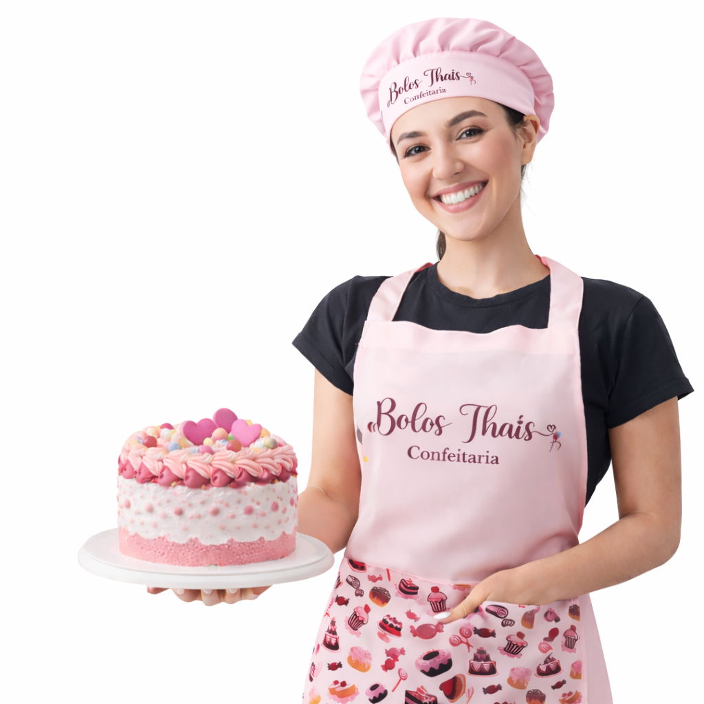 Kit avental + touca Oxford rosa — nome ou logo