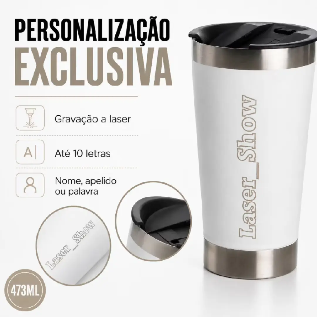 Copo térmico 473 ml — nome a laser + abridor — foto 4