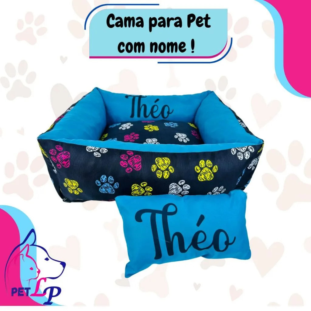Cama pet personalizada com nome — quadrada, com zíper e refil